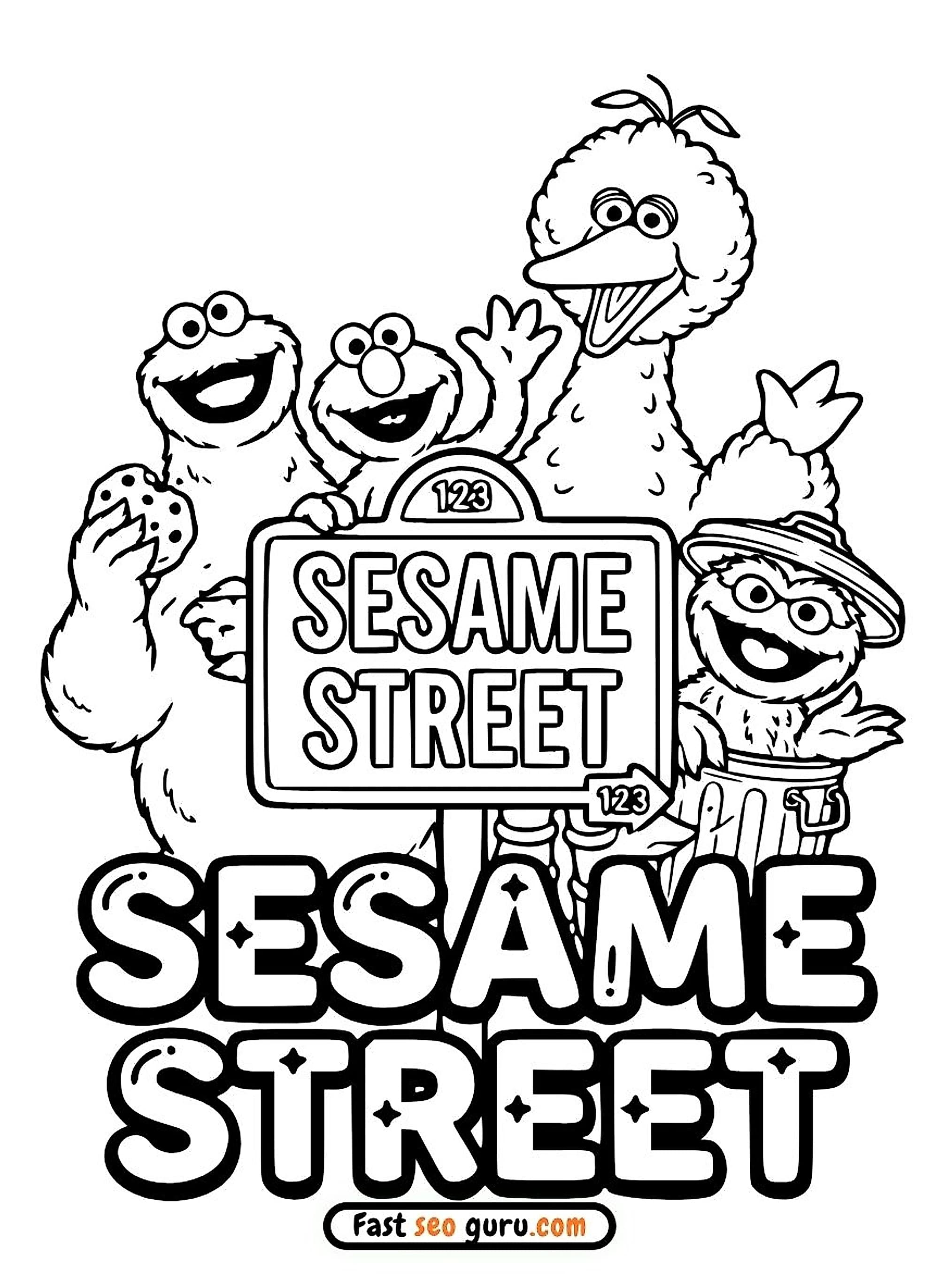 Printable Cookie Monster and the rest of the Sesame Street gang coloring page  child to print out  free PDF. Sesame Street 