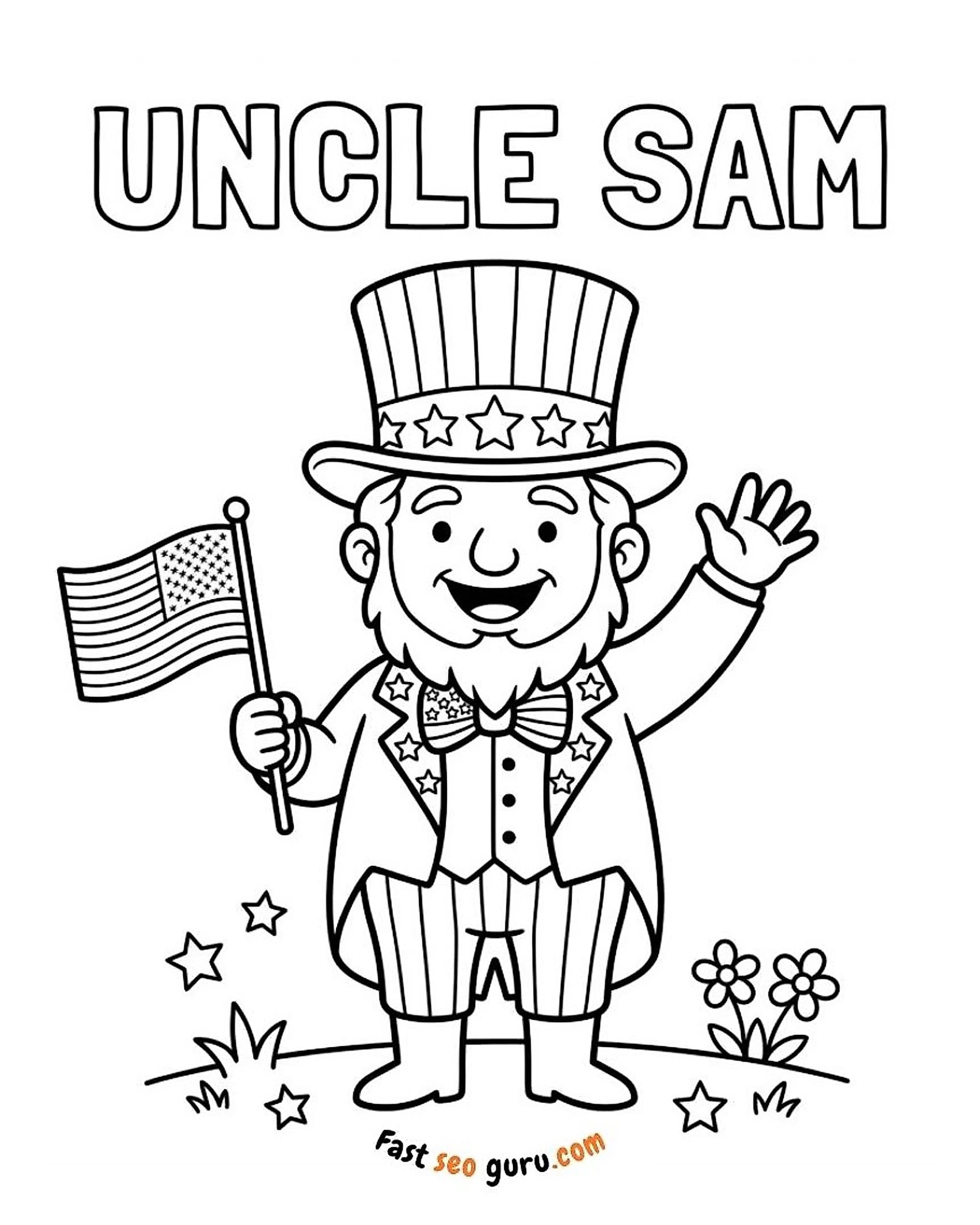 cartoon Uncle Sam  American flag in patriotic star-spangled suit and tall top hat labeled Uncle Sam printable coloring page