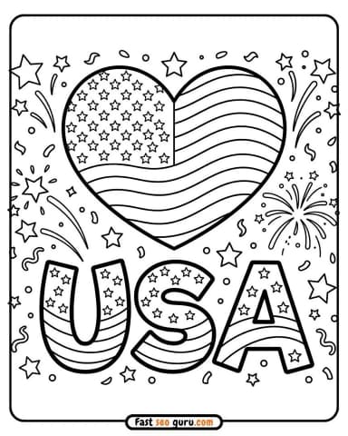 USA Heart Flag 4th of July Pictures To Color – Free Printable for Kids