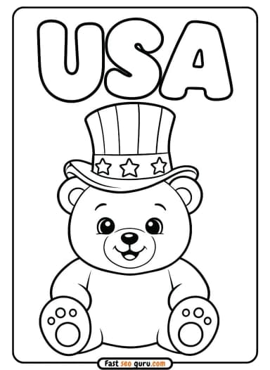 USA Patriotic Bear Cute Independence Day Coloring Sheet – Free Printable for Kids