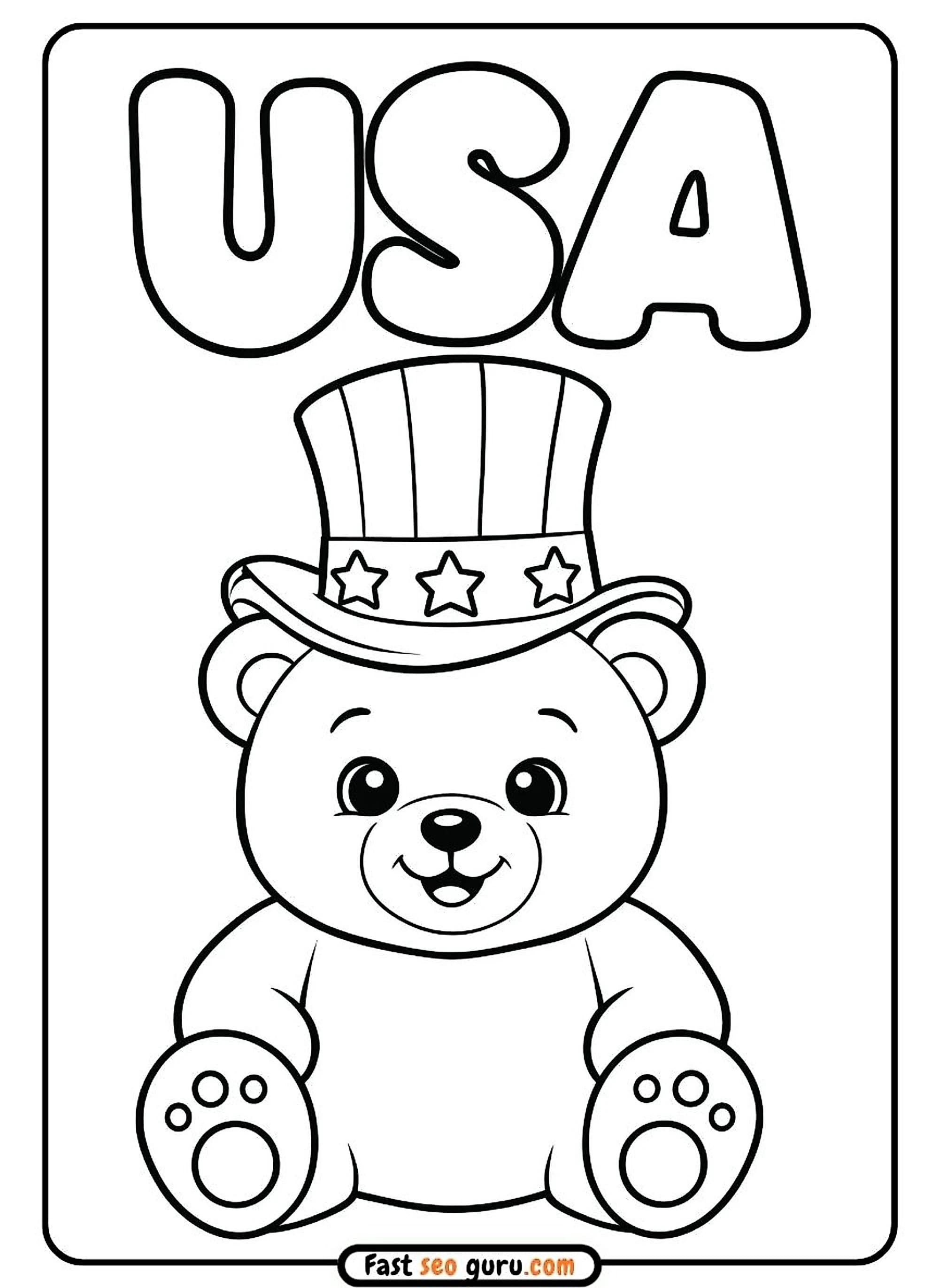 USA Patriotic Bear Cute Independence Day Coloring Sheet – Free Printable for Kids