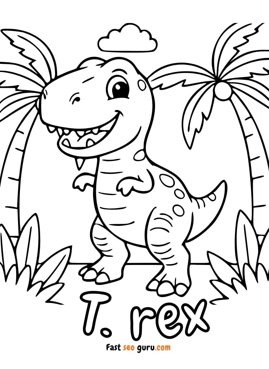 Cartoon T Rex In Jungle Coloring Page – Free Printable For Kids