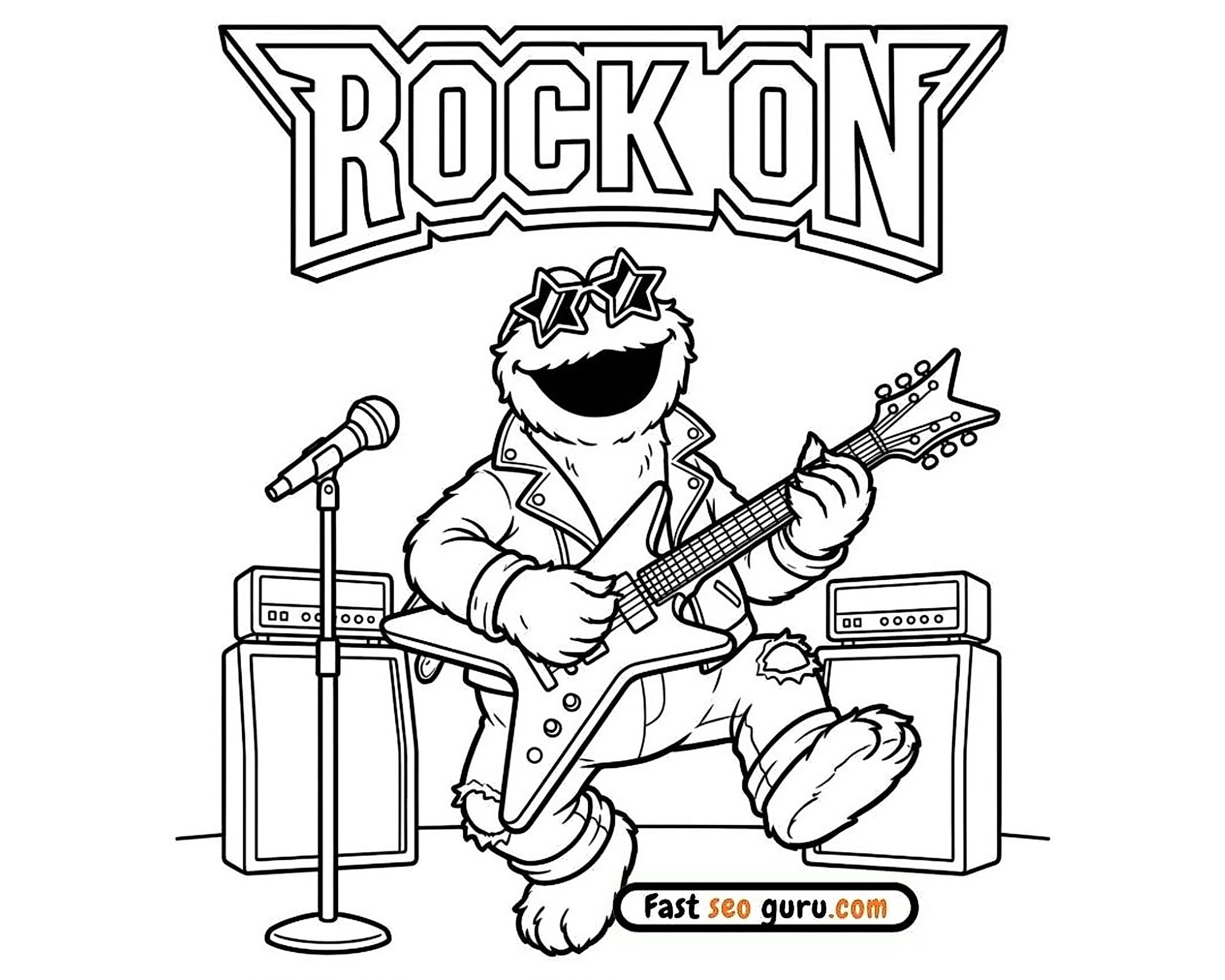 Cookie Monster Rock On Guitar Coloring Page – Free Pictures To Color For Kids