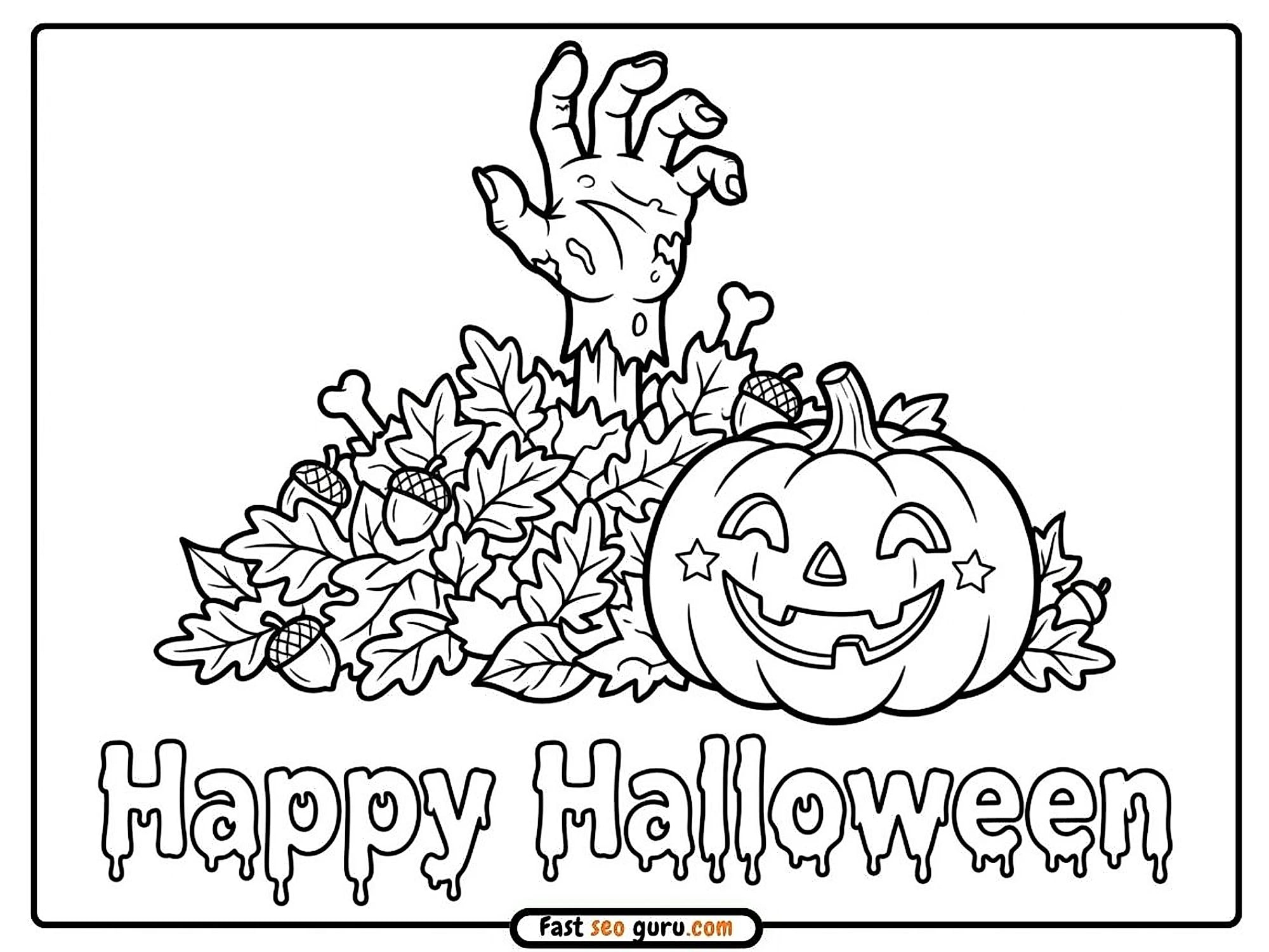 Zombie Hand Leaves Pumpkin Easy Coloring Page Printable