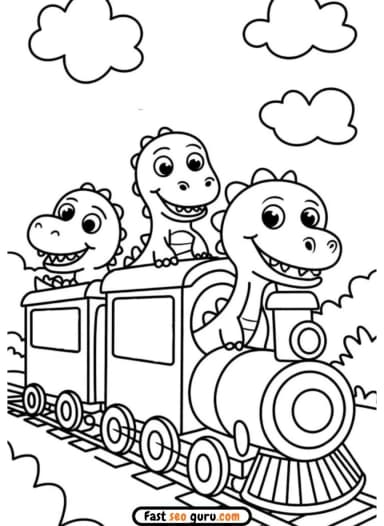 Baby Dinosaurs on a Train Coloring Page – Free Printable for Kids