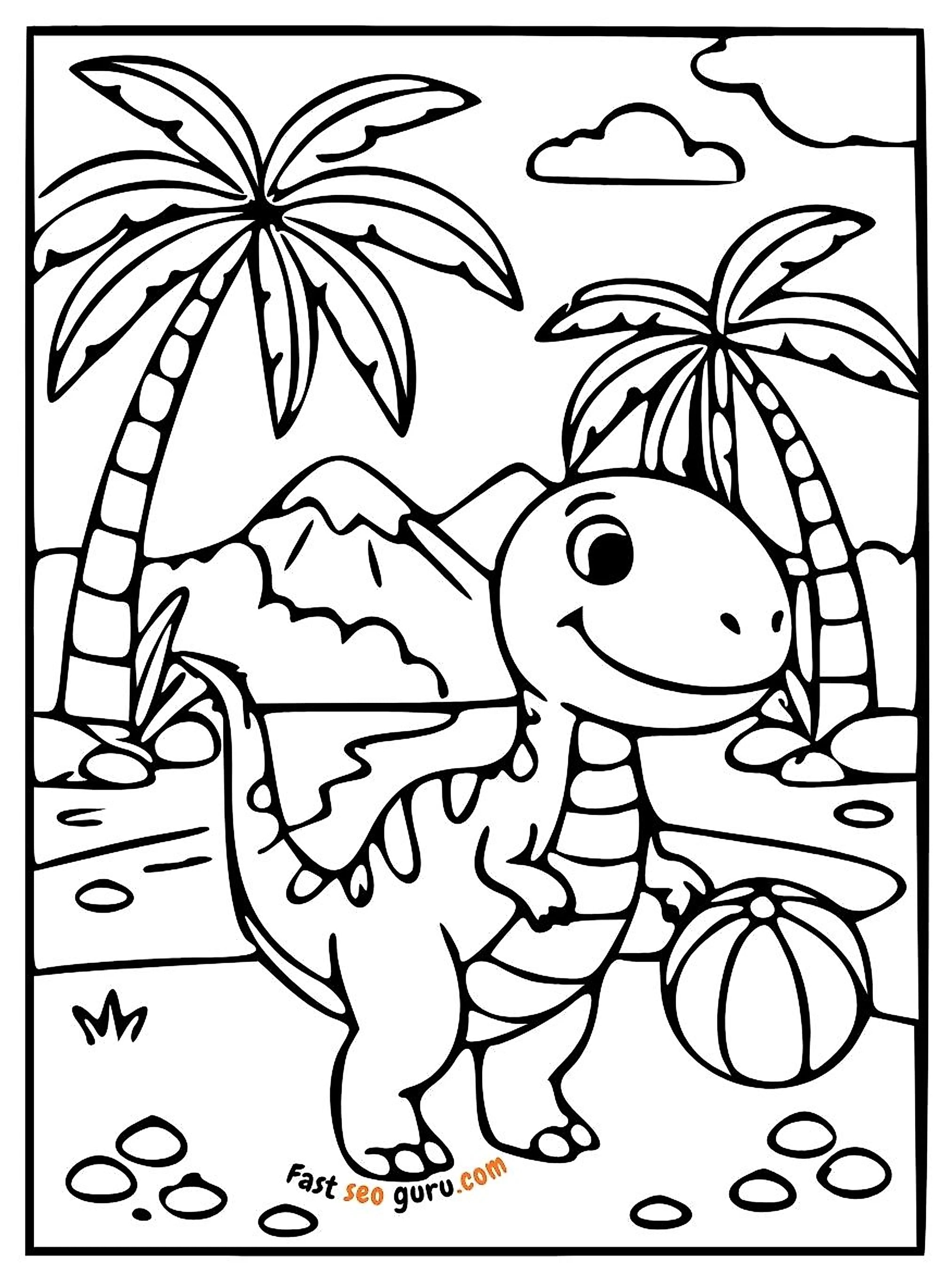 Baby T Rex Playing Ball Coloring Sheet– Free Printable For Kids