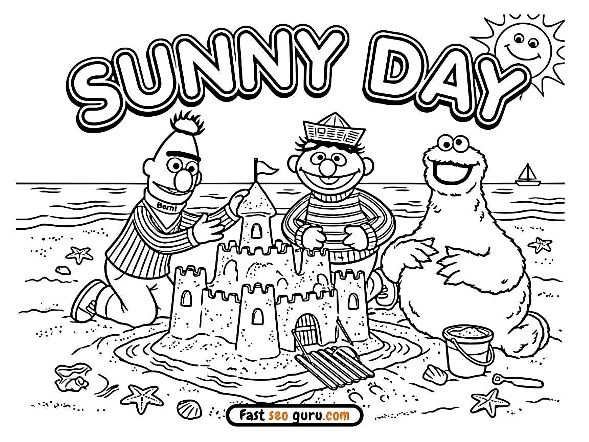 Bert Ernie and Cookie Monster Sunny Day Beach Coloring Page – Free Pictures to Color for Kids