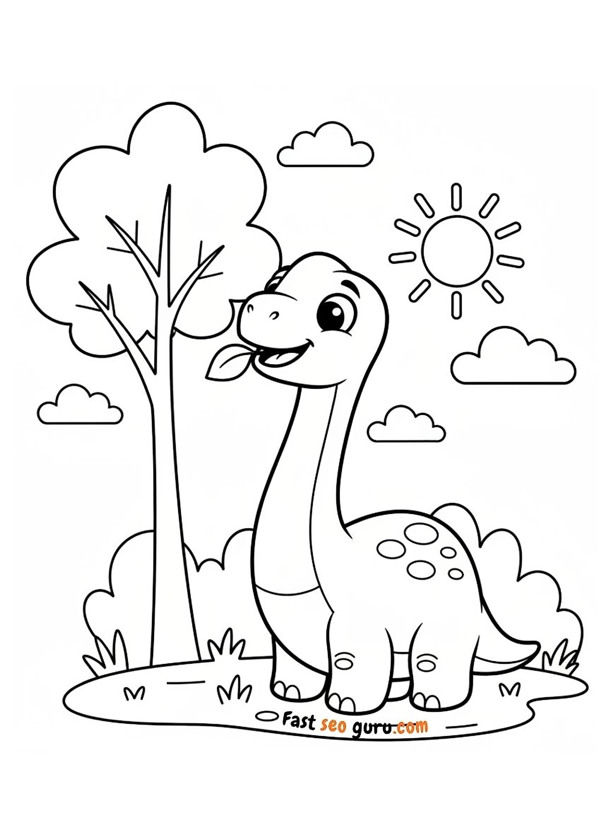 Cute cartoon Brachiosaurus eating a leaf free printable educational dinosaur coloring page for kids cute drawings to color