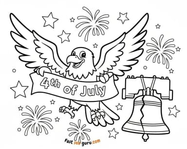 Cartoon Bald Eagle and Liberty Bell 4th of July Coloring Page – Free Printable for Kids