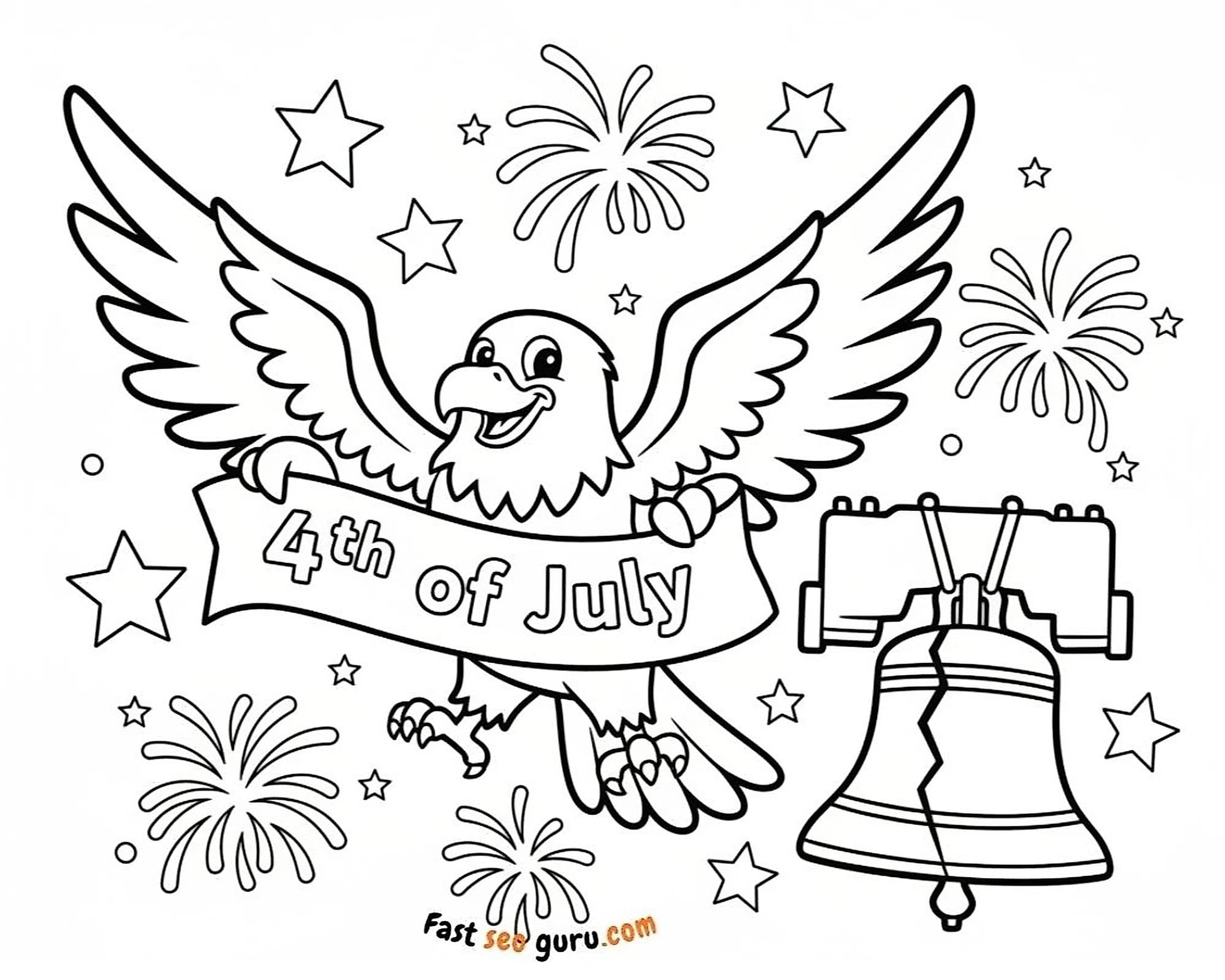 Cartoon Bald Eagle and Liberty Bell 4th of July Coloring Page – Free Printable for Kids