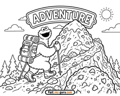 Cookie Monster Adventure Hiking Coloring Page – Free Pictures to Color for Kids