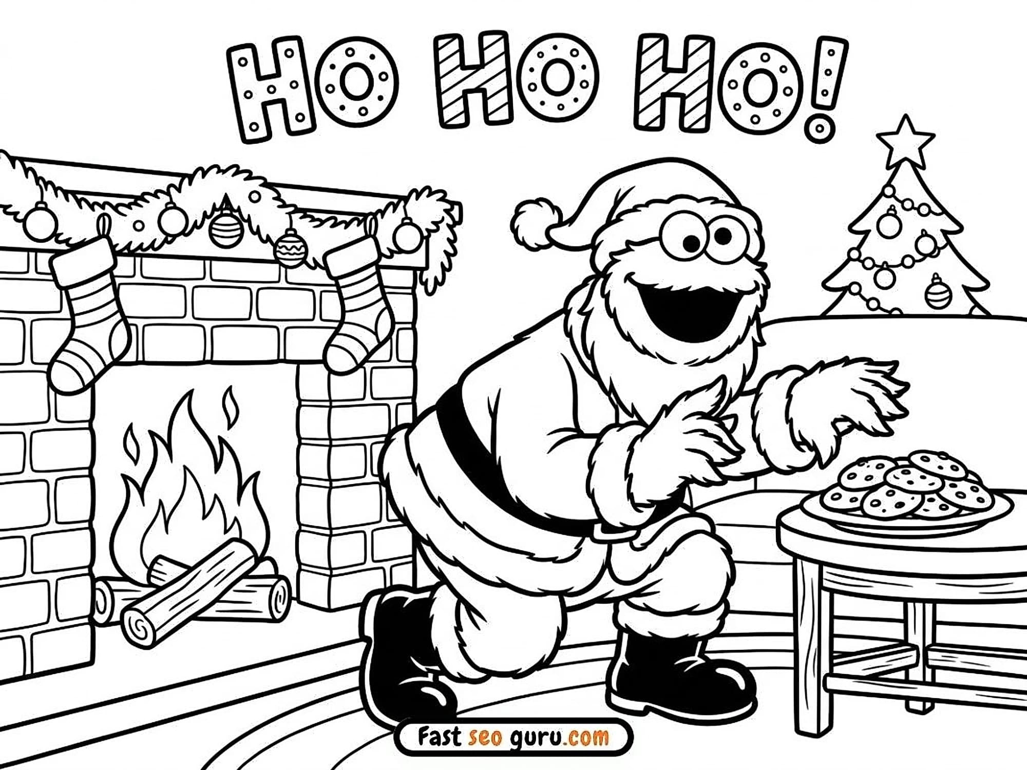 Cookie Monster Santa Christmas Fireplace Coloring Page – Free Pictures to Color for Kids