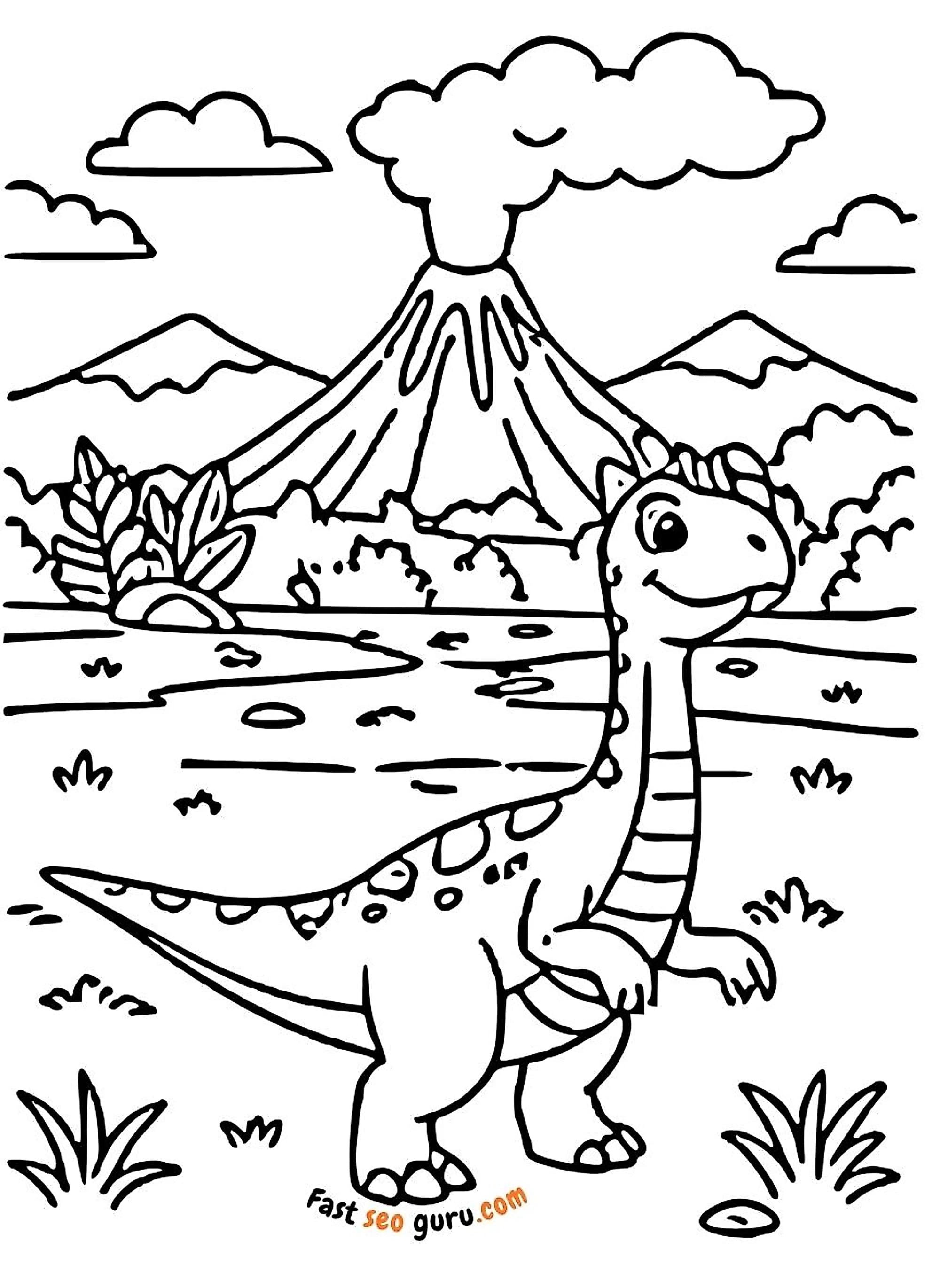 Free printable coloring page Dinosaur Volcano Free Pictures to Color for Kids Dinosaur free easy colouring in page for kids