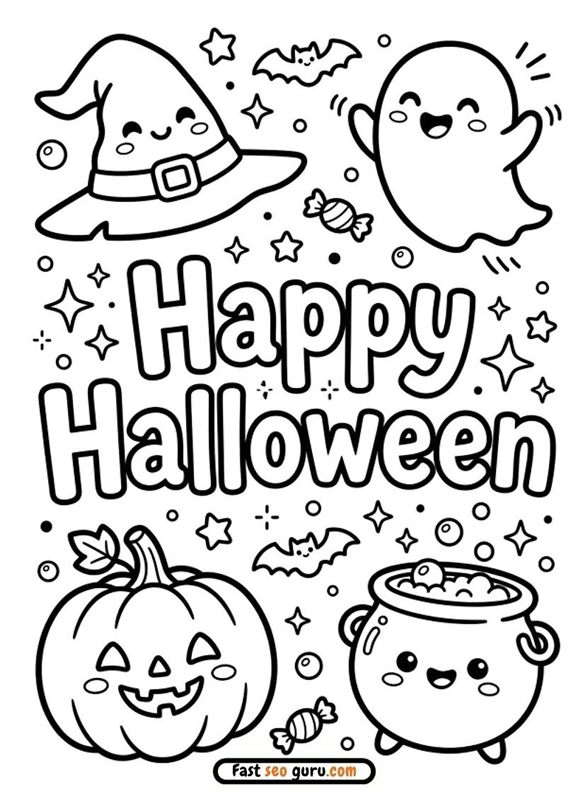 Free Printable Cute Happy Halloween Kawaii Coloring Page For Kids
