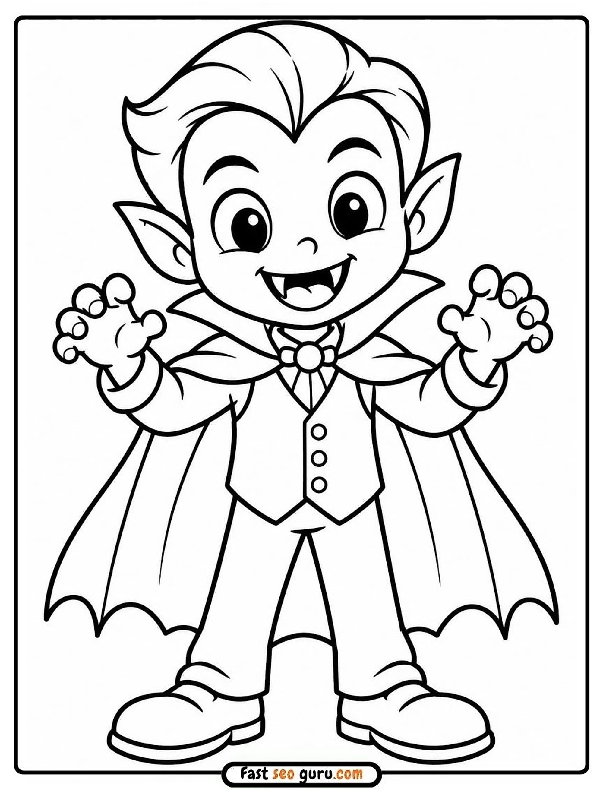 Free printable Halloween coloring page with a cute little vampire in a cape, bow tie, and vest with fangs