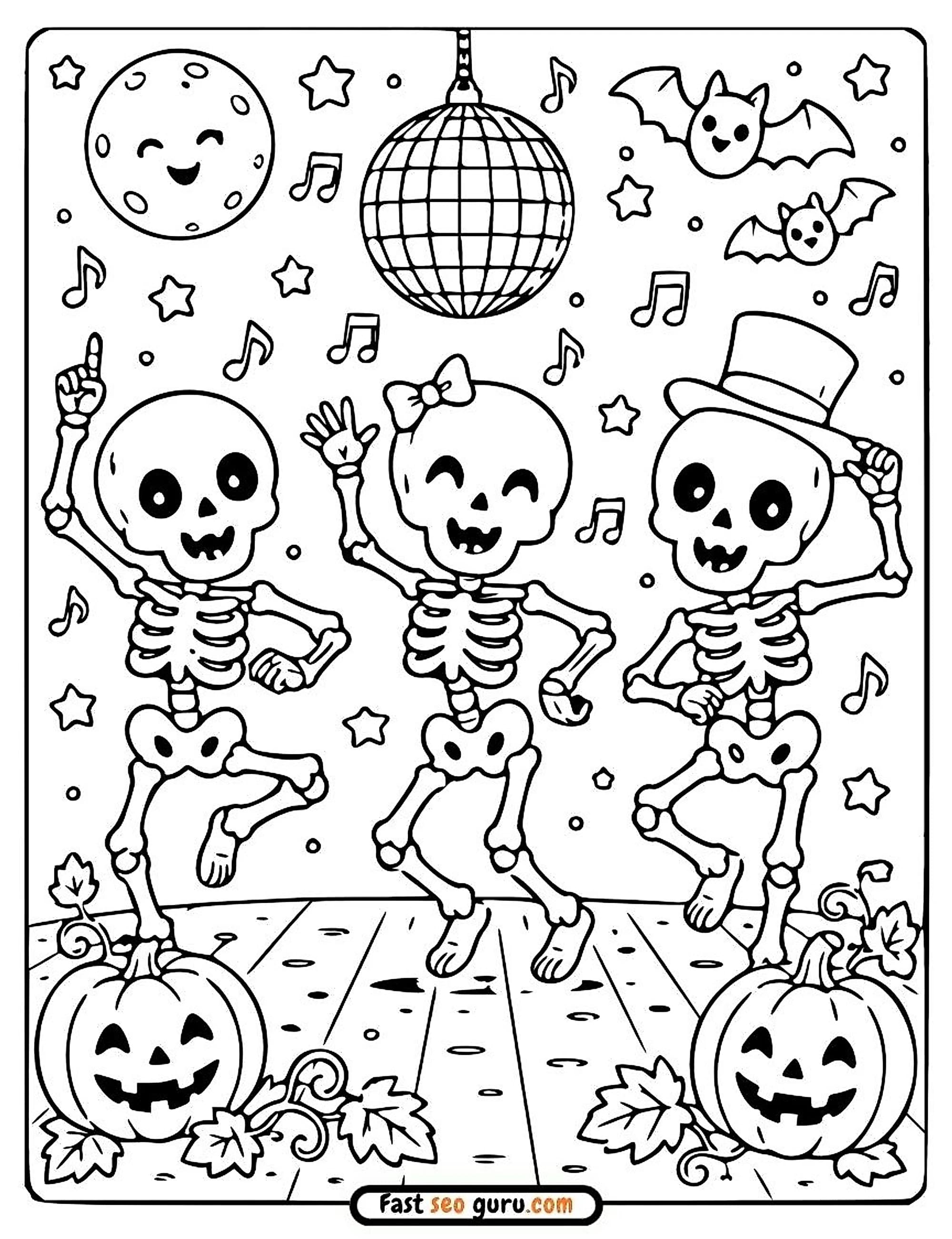 Free printable Halloween coloring page with three dancing skeletons, a disco ball, jack-o’-lanterns, and bats