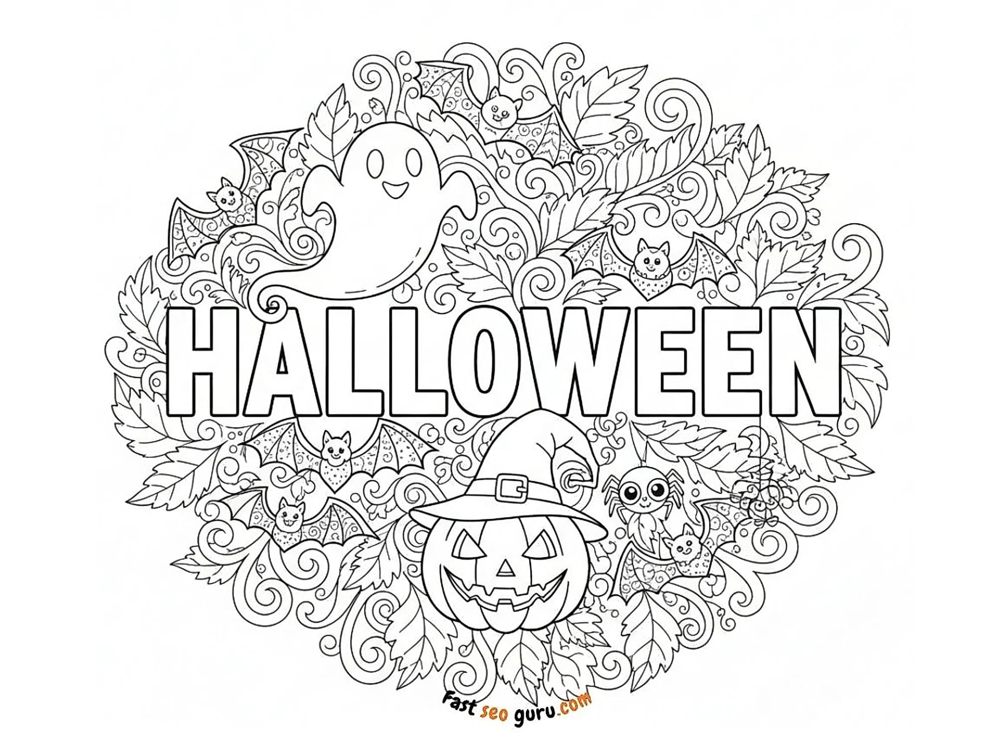 Free printable Halloween mandala coloring page with a ghost, pumpkin in a witch hat, bats, spider, and swirly leaves