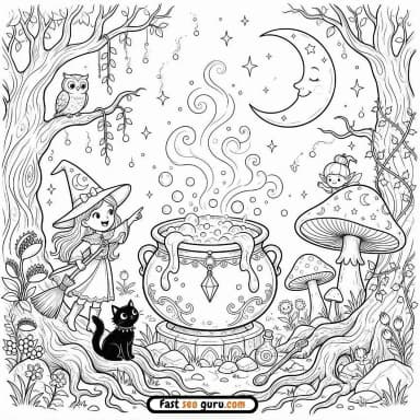 Halloween Witch Cauldron: Easy Coloring Page Free Printable