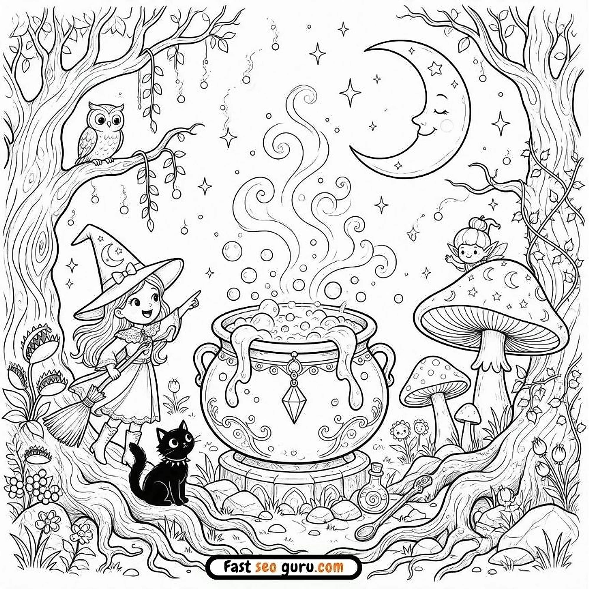 Halloween Witch Cauldron: Easy Coloring Page Free Printable