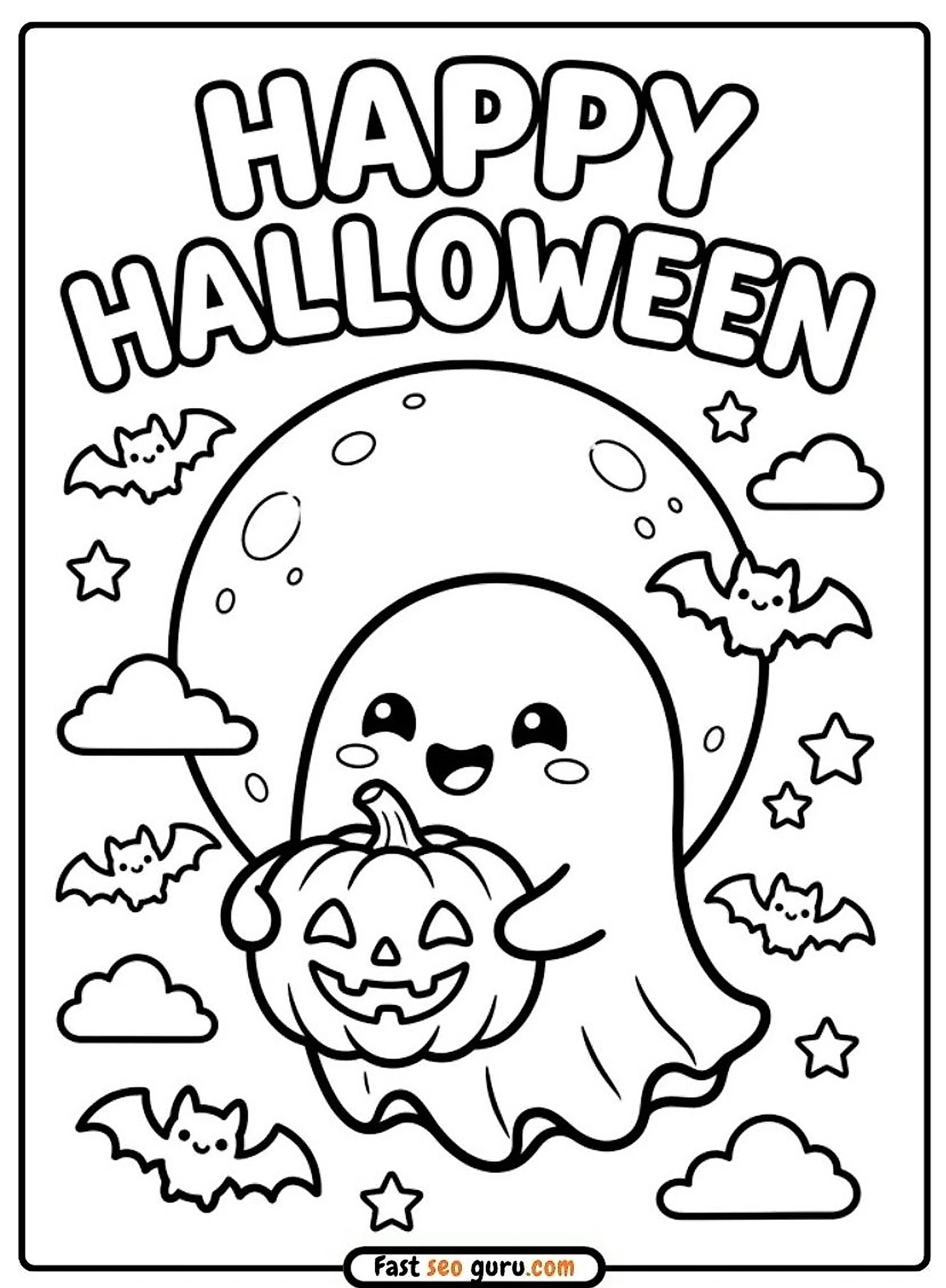 Pictures To Color Happy Halloween Cute Ghost Moon Pumpkin