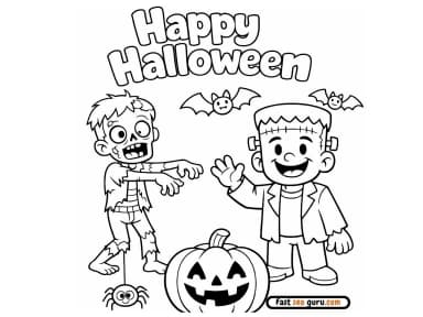 Happy Halloween: Easy Coloring Page Frankenstein and Zombie