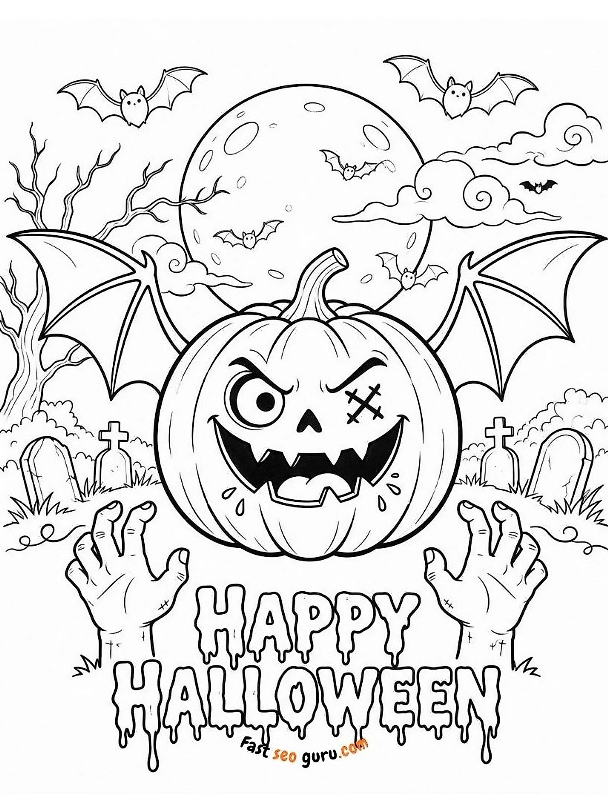 Scary Pumpkin Bat Wings Easy Coloring Page