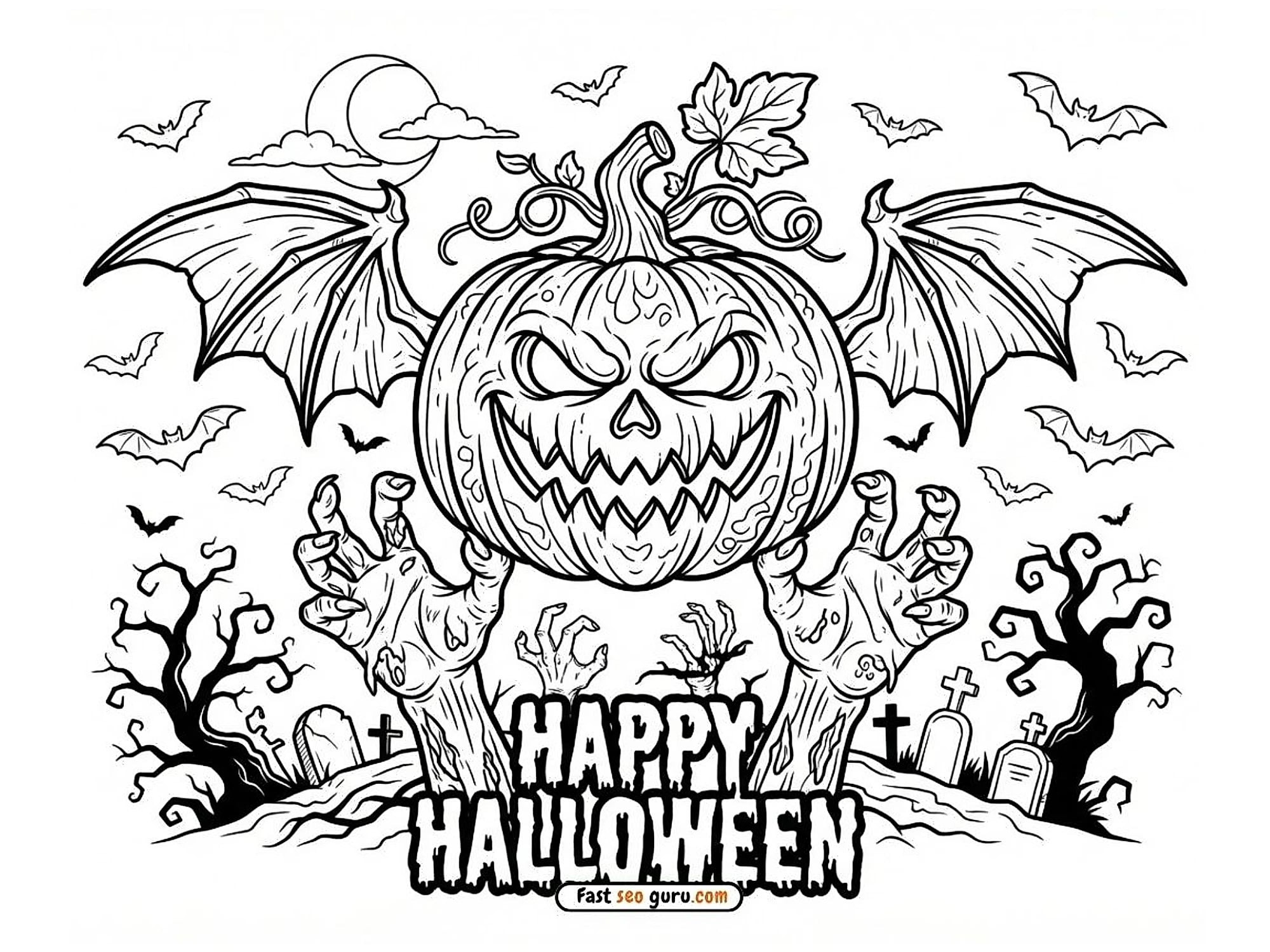 Free Printable Scary Pumpkin Zombie Hands Coloring Page