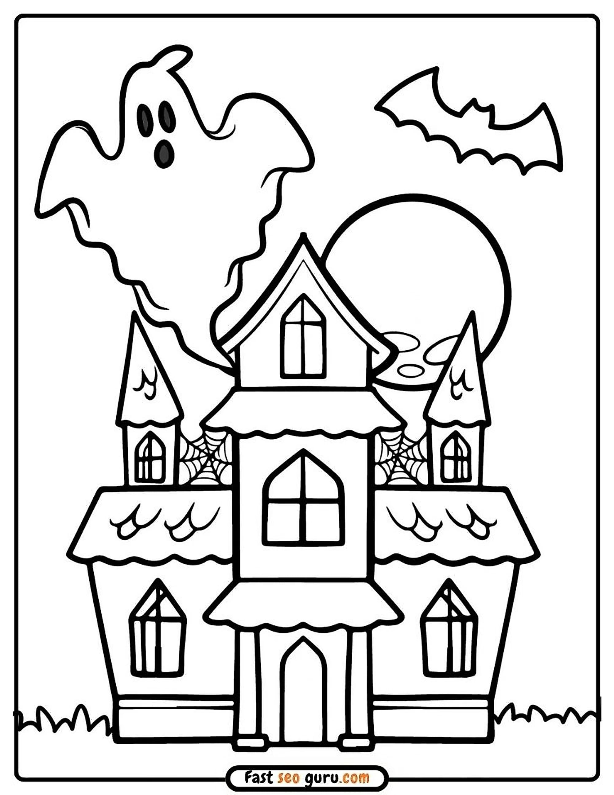 Free printable Halloween coloring page with a haunted house, a floating ghost, a bat, a full moon, and spider webs