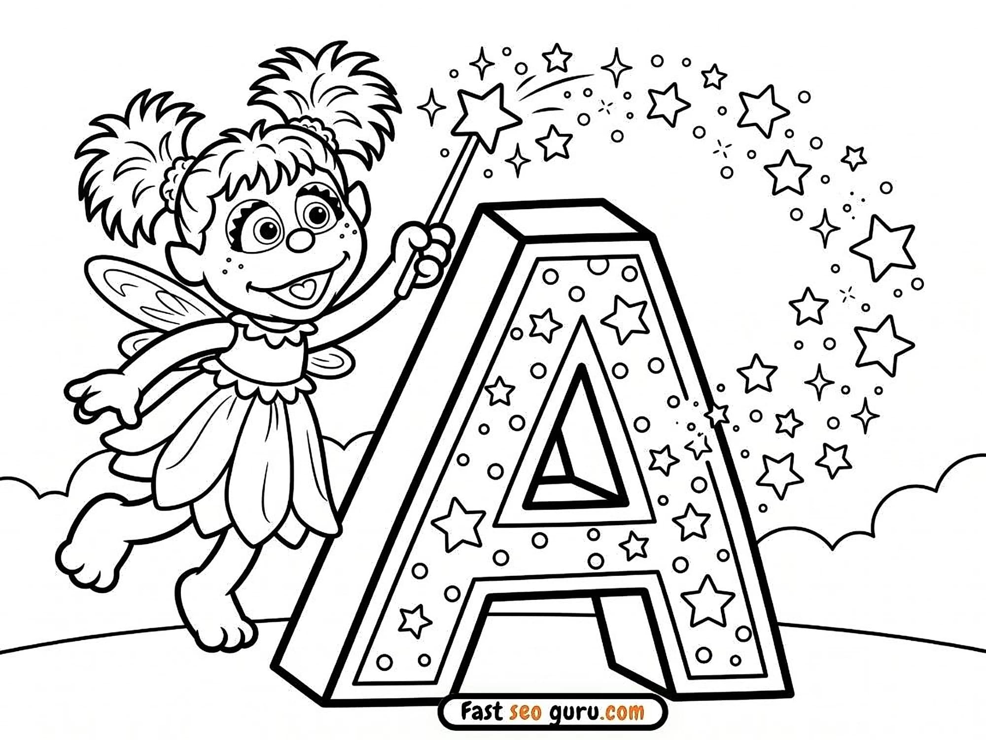 Abby Cadabby casting magic stars on a giant 3D block letter A template for free printable preschool learning worksheets PDF
