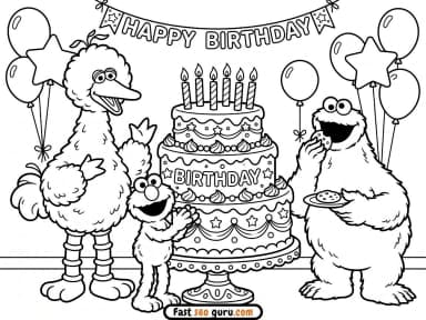 Sesame Street Happy Birthday Party Coloring Page – Free Pictures to Color for Kids