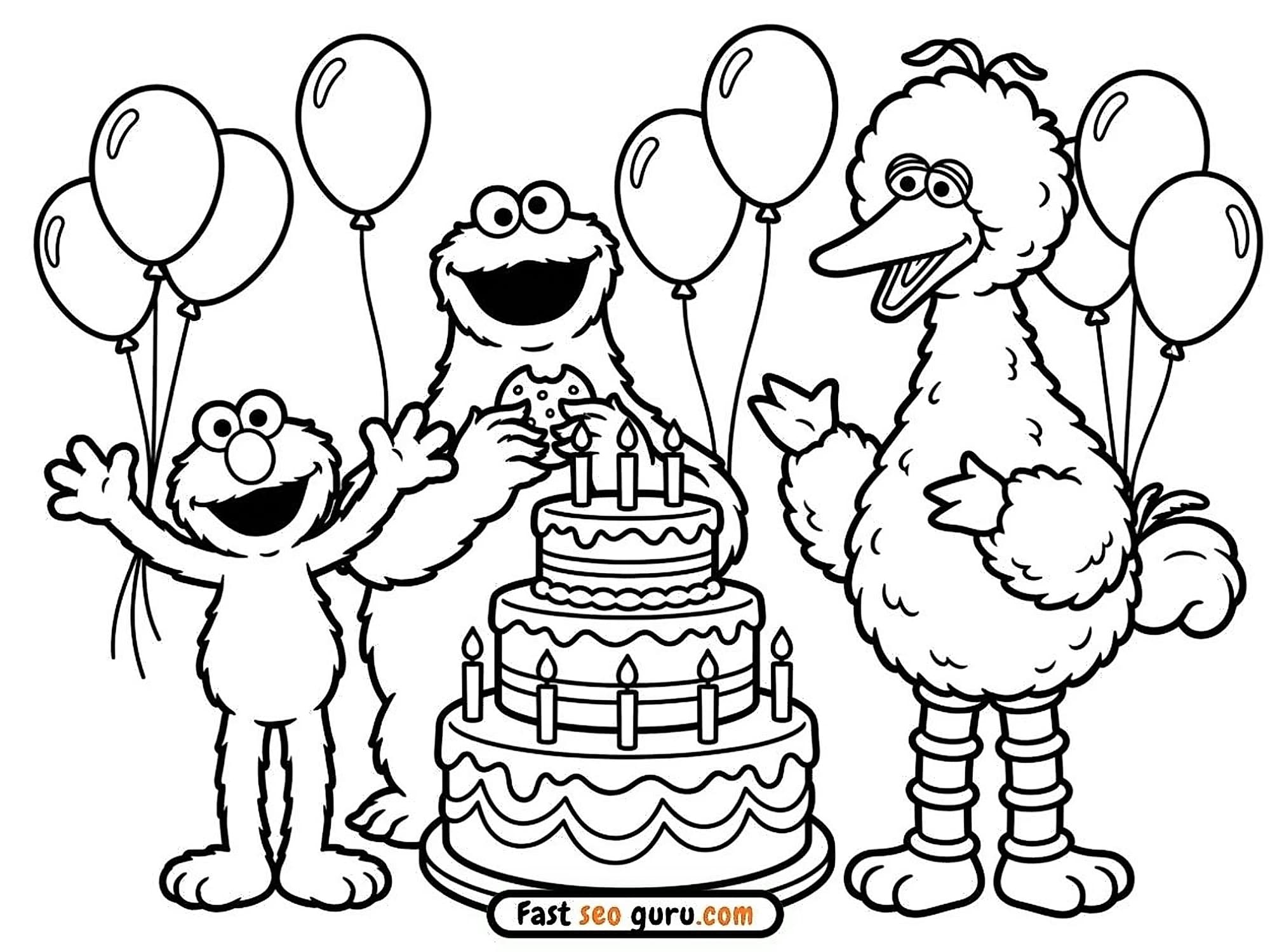 Elmo, Cookie Monster eating a cookie, and Big Bird with a huge birthday cake coloring page template for a free PDF download.