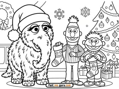 Snuffleupagus Bert and Ernie Sesame Street Christmas Coloring Page: Printable Holiday