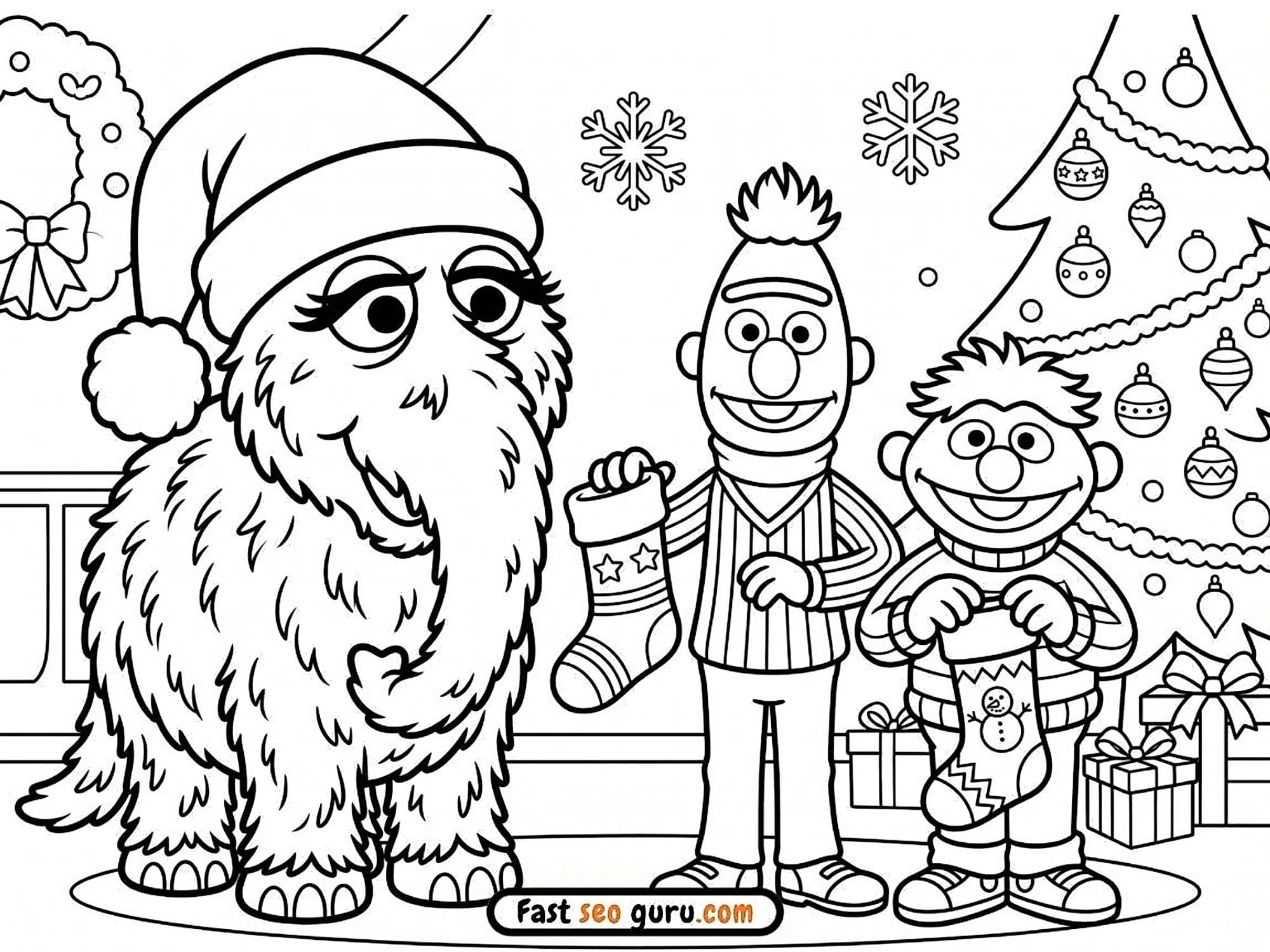 Free printable coloring page Snuffleupagus Bert and Ernie Sesame Street Christmas Printable Holiday Sesame Street