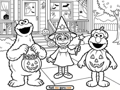 sesame street halloween cookie monster elmo rosita coloring page