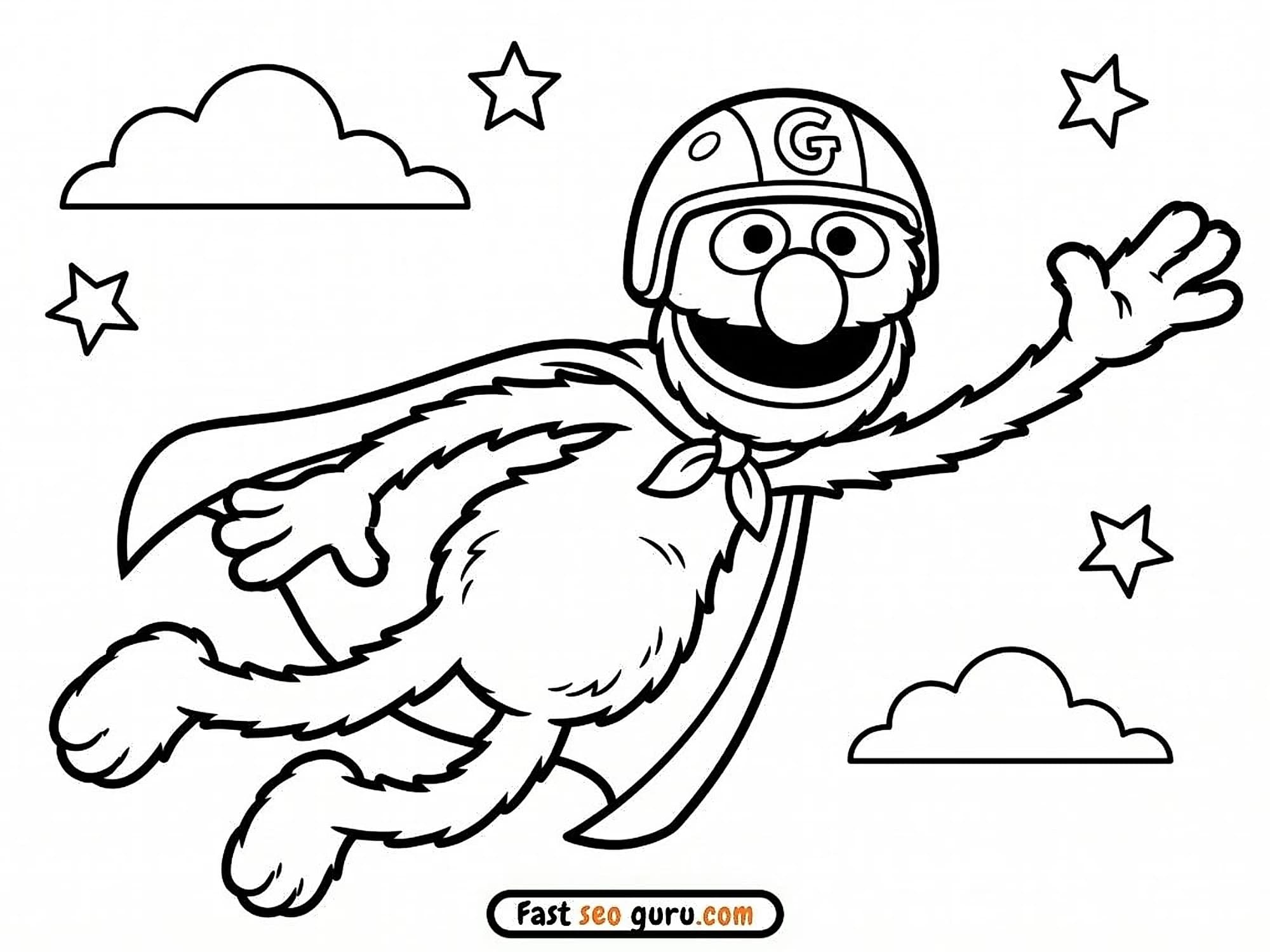 Super Grover superhero wearing a cape and helmet flying through a starry night sky coloring page template free PDF download.