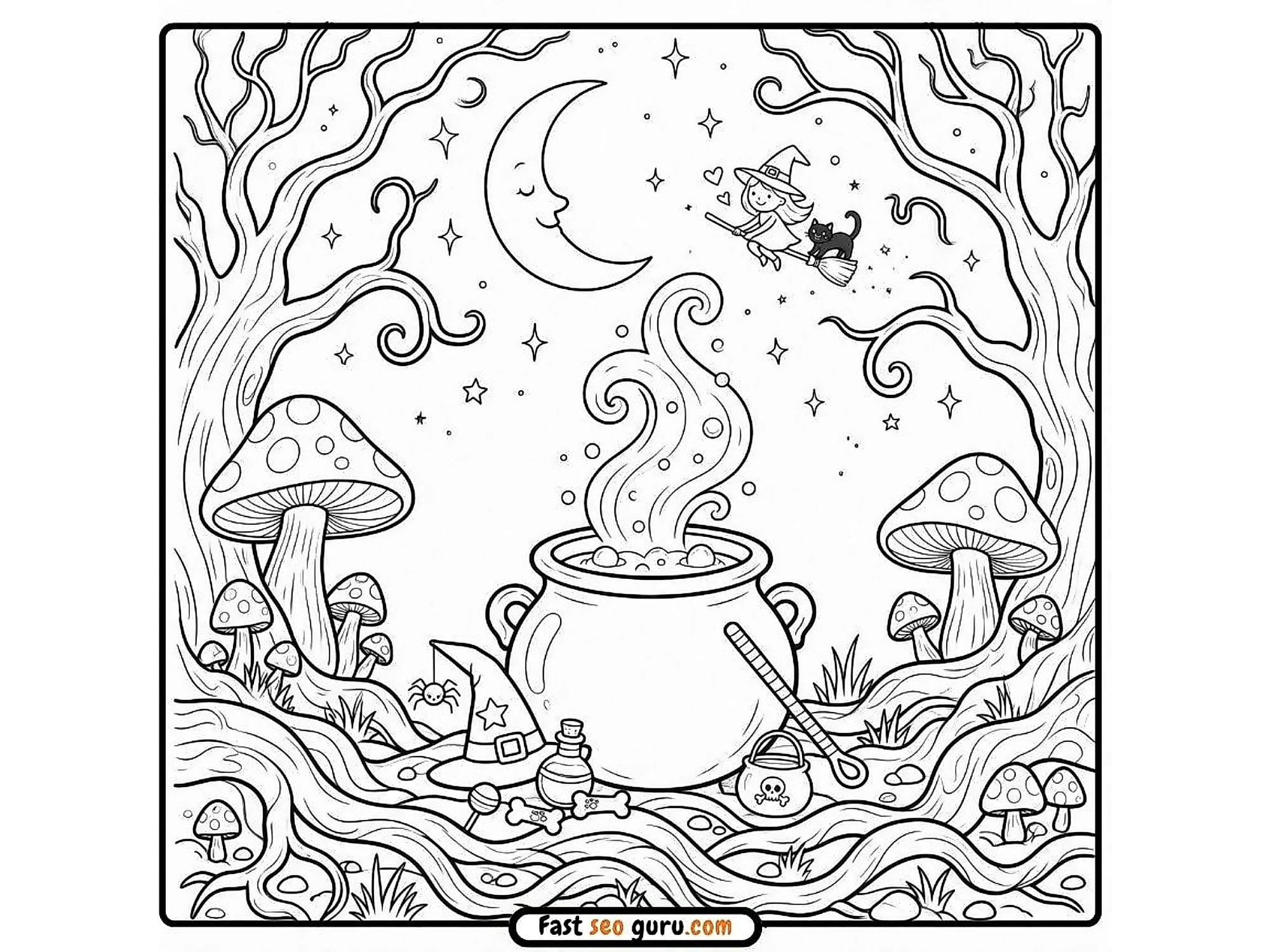 Free Printable Witch Cauldron Halloween Coloring Page