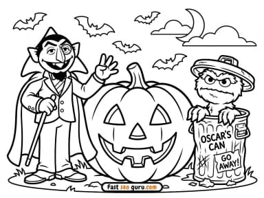 Halloween Count and Oscar Coloring Page – Free Pictures to Color for Kids