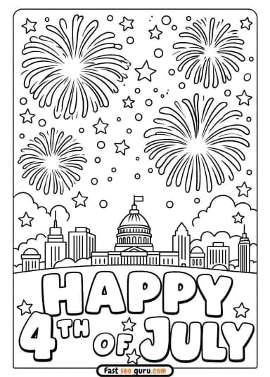 Happy 4th of July Capitol Building Fireworks Coloring Page – Free Printable