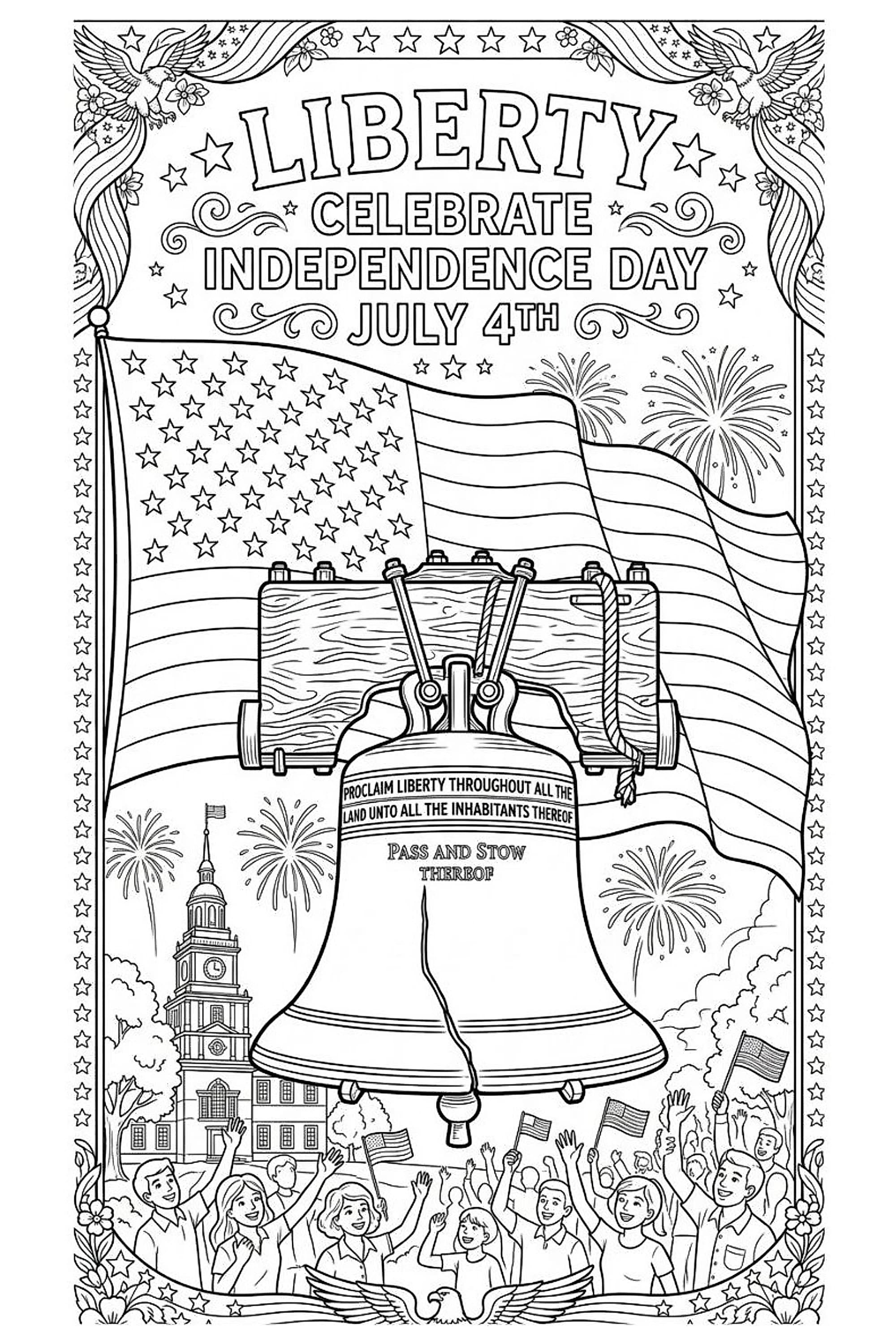 Liberty Bell with American flags celebrating crowds fireworks eagles and Independence Hall labeled Liberty Celebrate Independence Day July 4th,