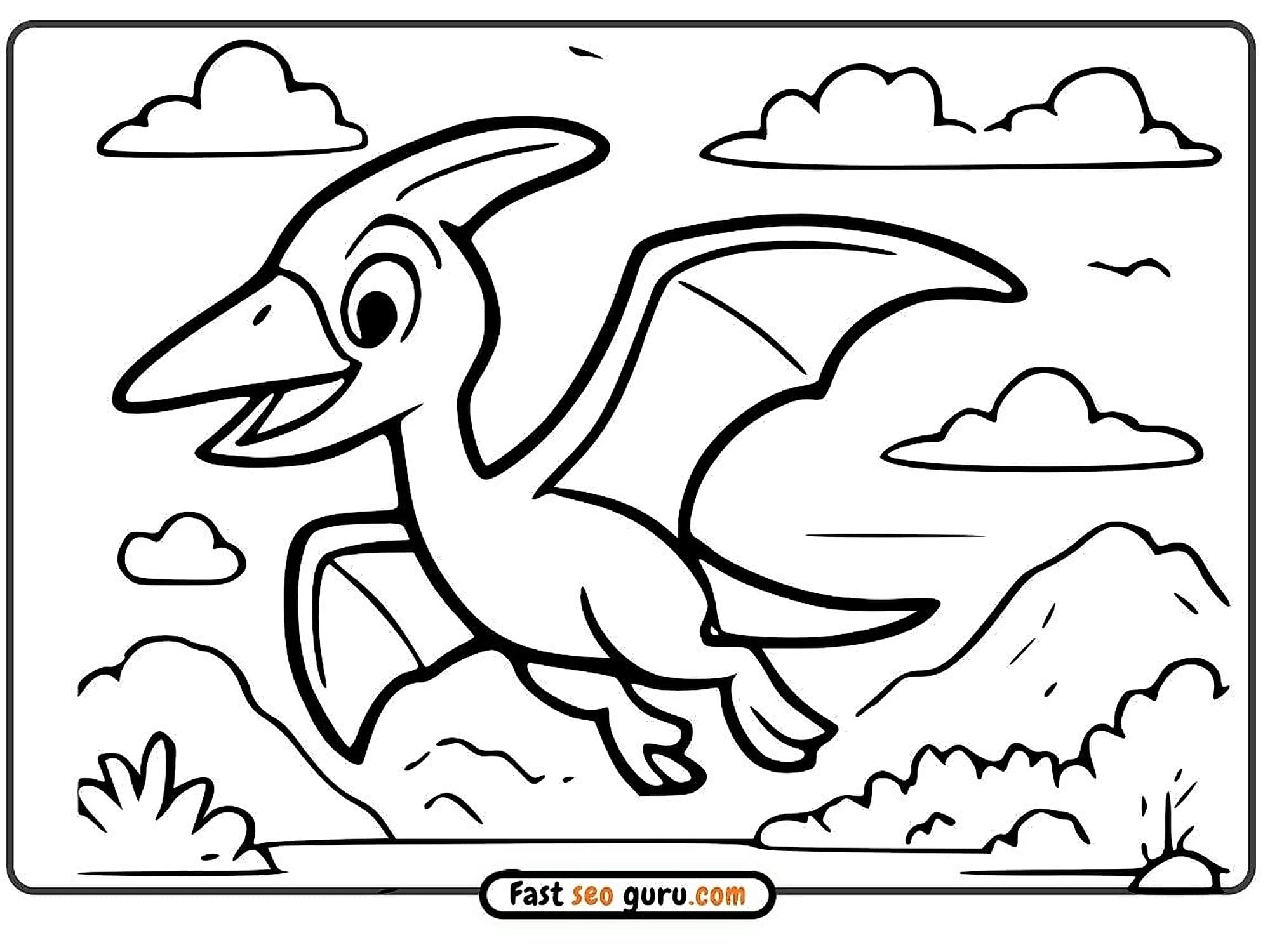 Cute cartoon Pterodactyl flying prehistoric rocky landscape with clouds, free easy colouring in page for kids