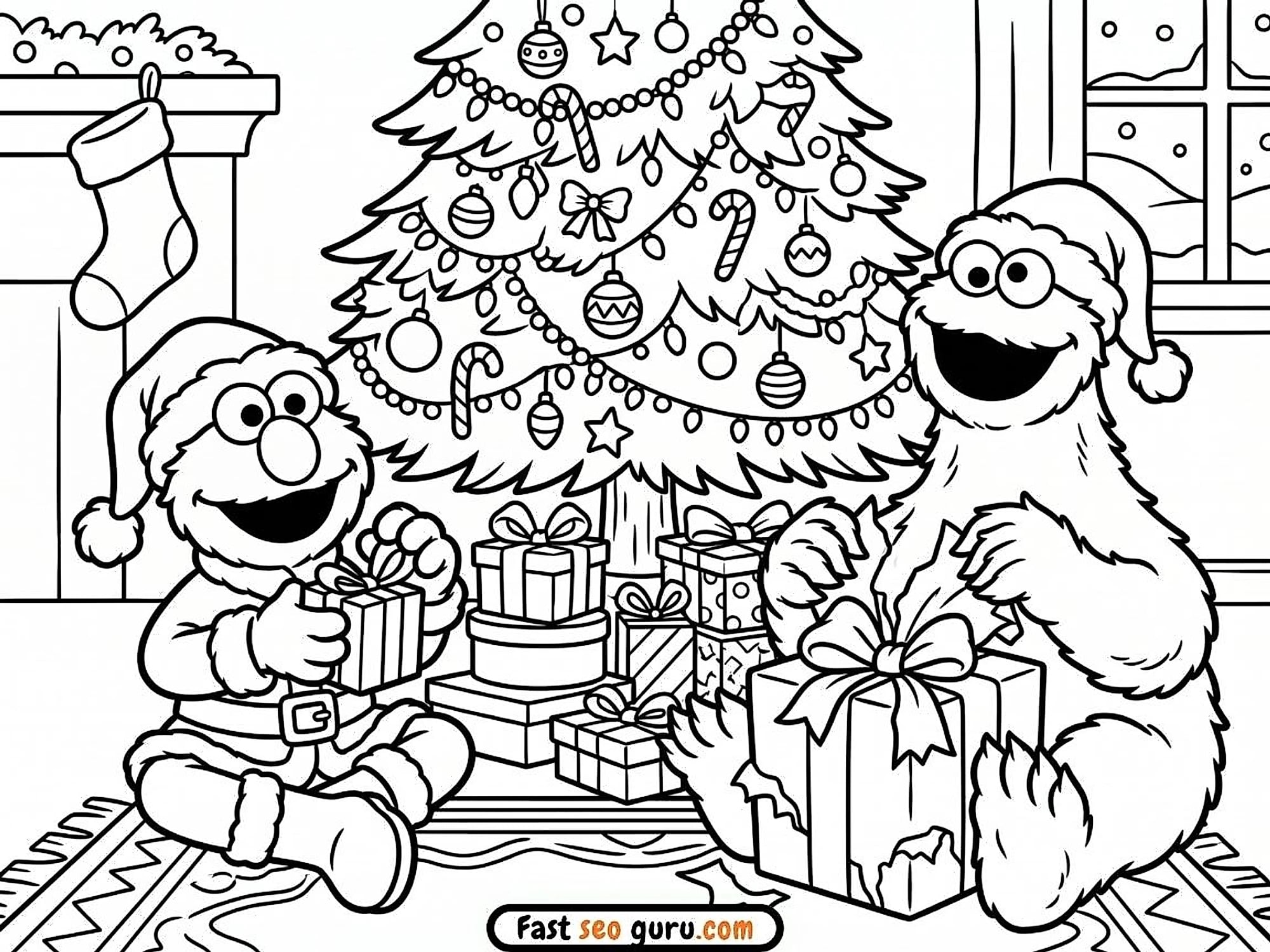 Free Christmas Coloring Page: Printable Elmo & Cookie Monster