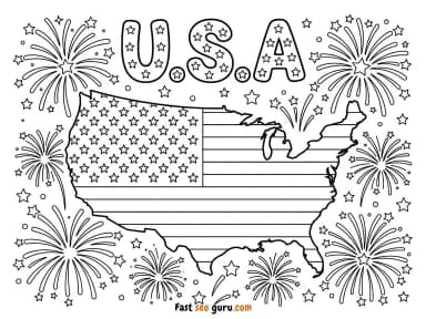USA Map Fireworks 4th of July Coloring Page – Free Printable for Kids