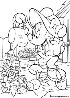 Printable Minnie Mouse working in the garden coloring page
