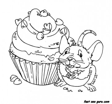 Print out mouse eats the muffin coloring book pages