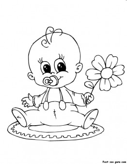 Print out baby playing with flower coloring page
