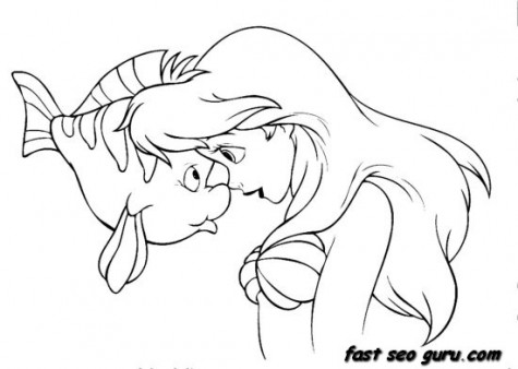 Mermaid Ariel and Flounder coloring pages