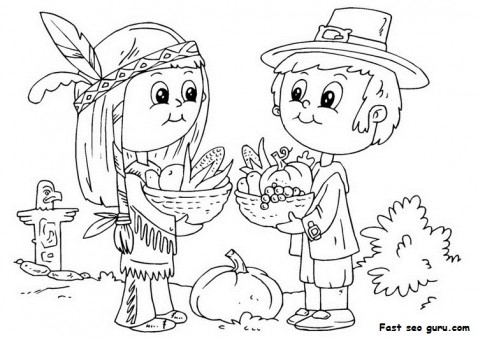 Printable Thanksgiving native and pilgrim coloring page