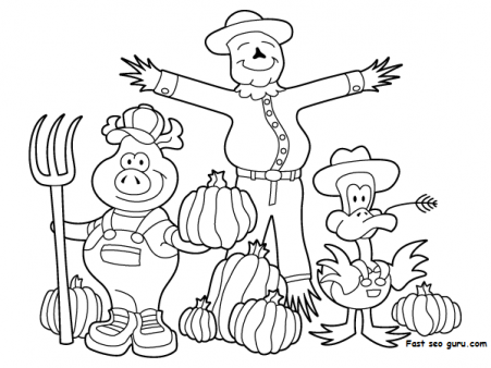Printable Thanksgiving scarecrow pig and duck coloring page