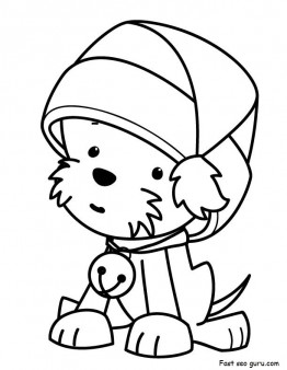 Printable Christmas Puppy with Santa Claus hat Coloring Pages