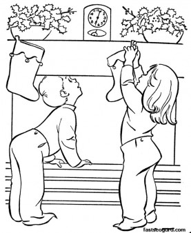 Free Christmas Kids hanging stockings coloring pages